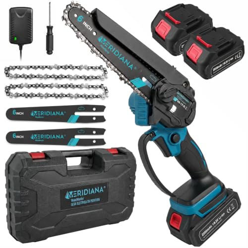 Meridiana Mini Motosega a Batteria senza fili 6 Pollici 21V | Motosega Elettrica Motore con Oliatore Integrato, 2 Batterie, 2 Barre, 2 Catene e Cacciavite in Valigetta Rigida
