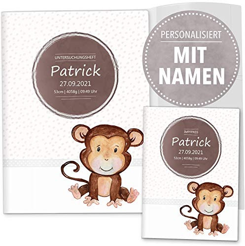 OLGS U-Heft und Impfpasshüllen 3-teiliges Set mit Personalisierung Safari Tour Tier | Untersuchungsheft & Impfpass Hülle mit Namen und Geburtsdatum (Impfpass, Uhefthüllen personalisiert, Affe)