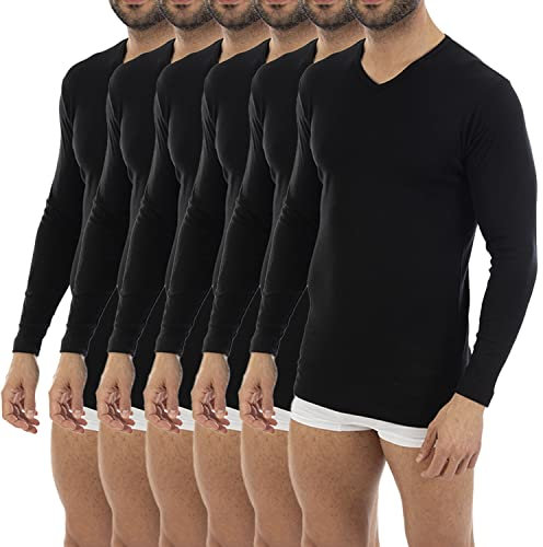 Lacotex Camiseta Interior Termal de Hombre | Camiseta Manga Larga y Cuello Pico Térmica | Confort y Protección Térmica Interior | Pack Ahorro 6 Unidades | Talla XL L150 Negro