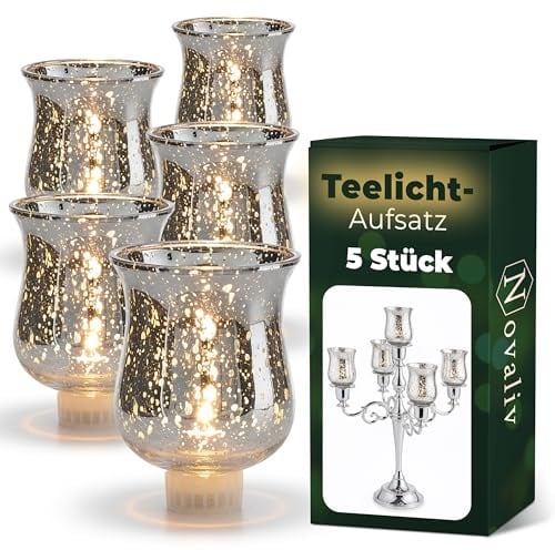 5 Stück Novaliv Teelichtaufsatz Silber Glasaufsatz für Kerzenleuchter Kerzenständer Glas Adventskranz Teelichthalter Stabkerzenhalter Weihnachten Kerzenpick