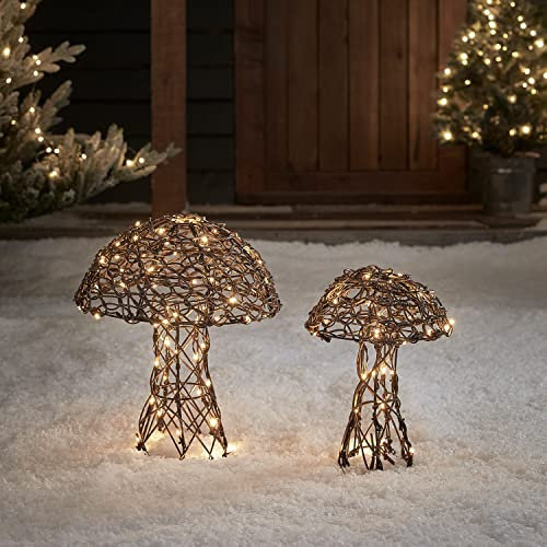 Lights4fun 2er Set 80er LED Rattan Pilze mit Timer 30cm und 40cm batteriebetrieben Außenbeleuchtung Weihnachtsdeko