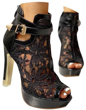 Minetom Sandalen Damen Pumps Schuhe Lace Hohl Blockabsatz High Heels Open Toe Sandalen Abend Party Braut Sommerschuhe A Schwarz 37 EU
