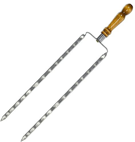 4BIG.Fun Brochettes à Double brochette de 45 cm avec Manche en Bois - Brochettes en Acier Inoxydable Schampura BBQ - Longueur Totale : 61 cm