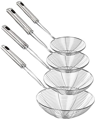 Espumadera araña de Acero Inoxidable pack 4-Espumadera Profesional Alambre Acero-Colador y escurridor agua o aceite-Espumadera metálica cocinar-Rasera mango alta resistencia al calor-14/16/18/20cm