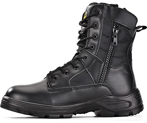 SAFEYEAR S3 Stivali da lavoro militari uomo neri resistenti con punta in acciaio 4E vera pelle impermeabile lacci e chiusura tattica per la polizia cerniera laterale Soft Toe Nero EU