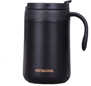 Gteller Tasse à café en acier inoxydable de 500 ml, double paroi isotherme avec couvercle et poignée pour garder les boissons chaudes et froides (noir, 500 ml)