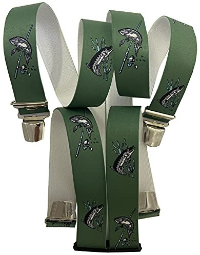 EDERER FISCHER Hosenträger ANGLER AUSTRIA-ÖSTERREICH - VIENNA-WIEN im FISCH-Design 35mm Breit in H-Form mit 4 extra starken Clips/Angler Hecht grün P-016
