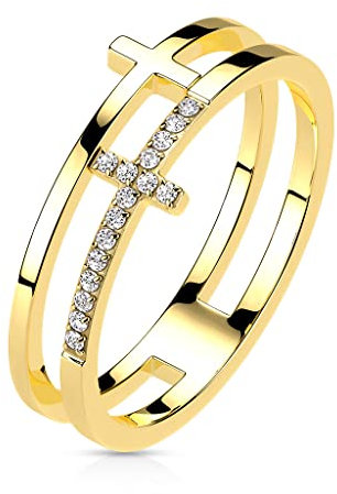 Paula & Fritz® Ring Damen Doppel-Ring Kreuz Gold Zirkonia Klar 316L Chirurgenstahl Größe 52 (16,6) 8-mm Breit Herrenring Partnerring Ehering Religion