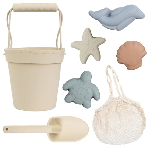BLUE GINKGO Silicone Beach Toys - Modern Baby Beach Toys | Travel Friendly Beach Set | Silicone Bucket, Shovel, 4 Sand Molds, Beach Bag | Silicone Sand Toys for Toddlers, Kids - Beige