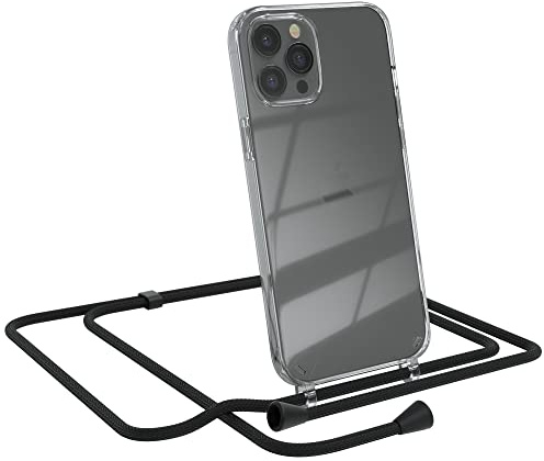 EAZY CASE Handykette kompatibel mit iPhone 12 Pro Max Handyhülle mit Umhängeband, Handykordel mit Schutzhülle, Silikonhülle, Hülle mit Band, Stylische Kette für Smartphones, Schwarz - Clips Schwarz