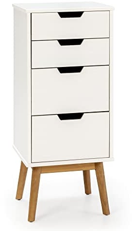 HOMN LIVING Sinfonier de Noche Baku 4 cajones Blanco, Madera Maciza, 40 cm (Ancho) 40 cm (Profundo) 94 cm (Altura)