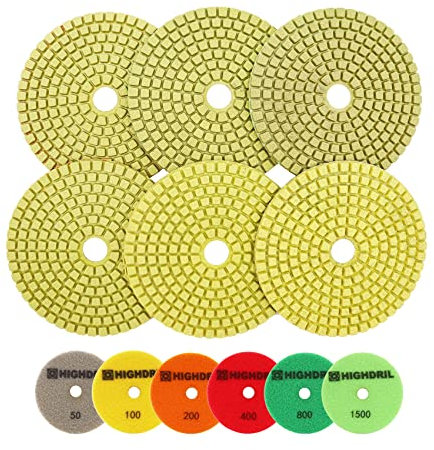 HIGHDRIL Lot de 6 tampons de polissage diamant humide 100 mm (#50+#100+#200+#400+#800+#1500), pour ponçage granit marbre utilisé sur meuleuse ou polisseuse