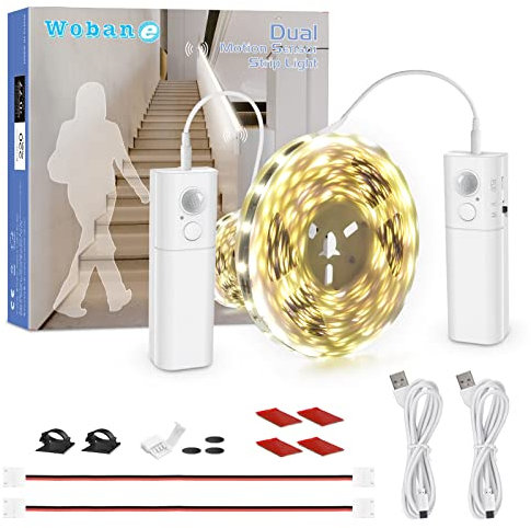 WOBANE 5m LED Band mit Bewegungsmelder, Wiederaufladbare Treppenbeleuchtung mit 2 Sensor,LED Strip Batteriebetrieben,LED Schrankbeleuchtung für Küche,Bett,Speisekammer,Flur,6000K Weiß