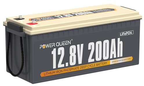 Power Queen Batteria Litio LiFePO4 12V 200Ah 2560Wh a Ciclo Profondo fino a 15000+ Cicli Accumulo Fotovoltaico con BMS 100A per Sistemi Off-grid Camper Impianti Solari Ecoscandaglio