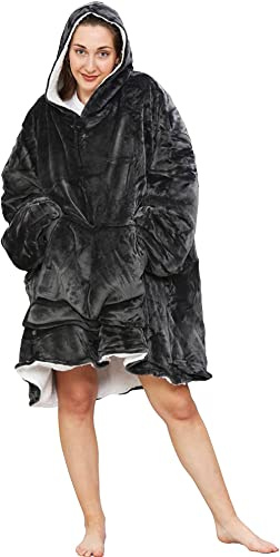 True Face Blanket Hoodie Unisex Oversized Ladies Sherpa Fleece Ultra Plush Unisex Hooded Sweatshirt Dark Grey One Size