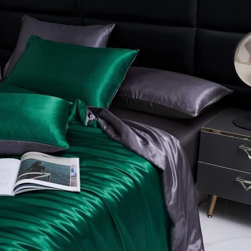 Luowei Bettwäsche 135x200 cm Satin Seide Wende Bettwäsche Set Grün Grau Ästhetik Anmut Hoteldekoration Bettbezüge Weich glatt für Nachtschweiß mit Reißverschluss und 1 Kissenbezug 80x80cm
