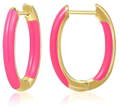 MESOVOR 18 Karat Vergoldete Creolen Ohrringe mit Emaillefarbe, U-förmige Kleine Leichte Huggie-Ohrringe Geschenke für Frauen und Mädchen (Heißes Neonpink)