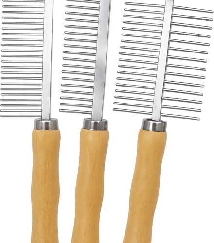 TopMed ETS Set of 3 Stainless Steel Pet Hair Comb, Wooden Handle of Bamboo Proven Grooming Tools Kit for Dogs Cats and Other Animals