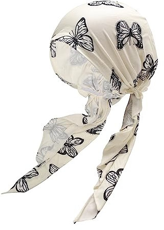 ZLYC Damen Chemo Turban Mütze Vorgebundenes Kopftuch Headwraps Leichte Hut(Schmetterling Weiß)