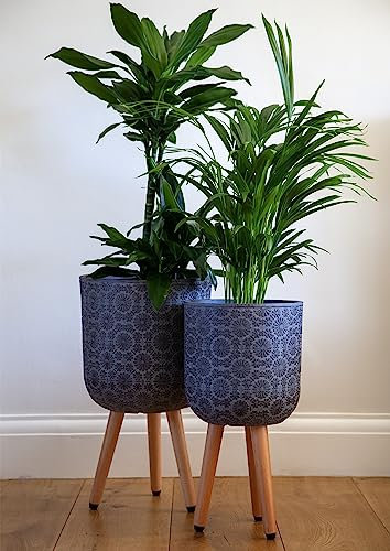 25cm Flower Patterned Planter on Legs - Dark Grey - Indoor Plant Pot Stonelite