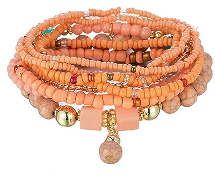 Cubahop Multilayer Türkis Bead Stapelbare Bunte Armband Fantasy Armbänder Handgemachte Elastische Hand Zubehör für Frauen und Mädchen (Orange)