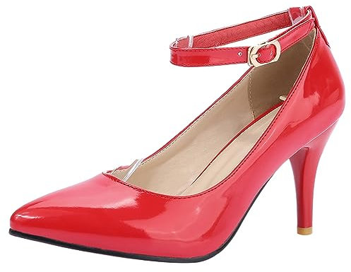 Gicoiz Calzature Donna Lavoro con Cinturino alla Caviglia Appuntito Tacco a Spillo Scarpe Moda Vernice Tacco Alto Scarpe Chiuse Davanti Formal Scarpe da Sera Rosso Numero 31 EU