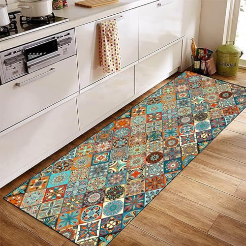 Siunwdiy Teppich Läufer Flur rutschfest 60x140cm Küchenläufer Waschbar Bunter Türkis Korridor Teppichläufer Lang Küchenteppich Für Küche Wohnzimmer Schlafzimmer Teppichläufer Meterware Anpassbar