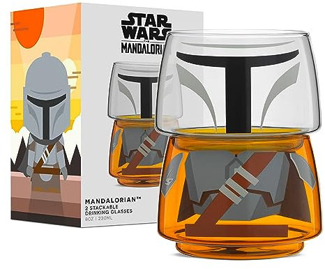 JoyJolt Stapelbare Star Wars Trinkgläser – 237 ml Mandalorianische Glasbecher, Kopf und Körper – 2er-Set für Bar, Küche – lustige Glaswaren, Star Wars Geschenke