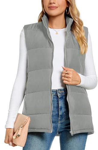 Anyally Women's Padded Zip up Outwear Vest Stand Collar Lightweight Warm Sleeveless Quilted Jacket with Pockets,L Light Grey
