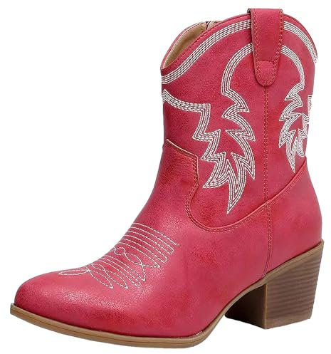 ANUFER Donna Metà Polpaccio Stivali da Cowboy Ricamato Tacco a Blocchi Cerniera Laterale Scarpe Occidentali SN079163D Rosso EU37