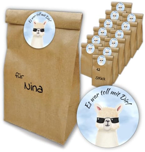 SoSi 12 Mitgebseltüten/Geschenktüten inkl. 12 Sticker - aus 100% Recyclingpapier-Alpaka-Lama -Perfekt für Kindergeburtstag/Taufe/Kommunion - Mitgebsel