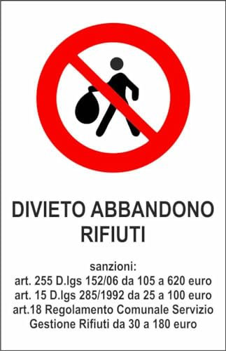 M-ITALY CARTELLO SEGNALETICO - divieto di abbandono rifiuti - Adesivo Extra Resistente, Pannello in Forex, Pannello In Alluminio (20x31, Plastica)