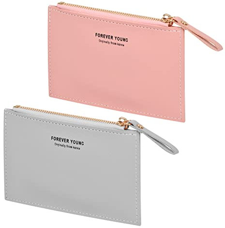 Dibotell Lot de 2 mini porte-monnaie pour femme - En cuir synthétique - Avec compartiment à monnaie - Porte-monnaie plat pour carte d'identité, permis de conduire, pièces de monnaie et monnaie (rose +