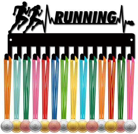 CREATCABIN Laufender Medaillenhalter,Medaillenaufhänger,Präsentationsständer,Sport-Metallaufhängung,Auszeichnungen,Eisen,Kleine Halterung,Auszeichnungen Mit 14 Haken Für,Rennläufer,Schwarz,29x13cm