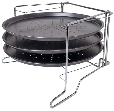 Intirilife Pizza Blech Set dreistöckig mit Gestell - 28 cm Durchmesser - 3 runde Backbleche Antihaft Beschichtet gelocht Pizzabäcker Set für Pizza Flammkuchen
