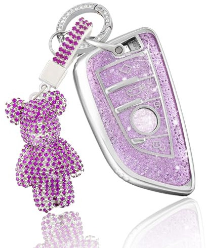 OFF WE GO Coque de Clé pour BMW Coque de Clé Voiture avec Porte-clés TPU Coque de Protection pour Clé de Voiture pour X1 X2 X3 X4 X5 X6 Series 1 2 3 5 6 7 Accessoire Clé de Voiture, Violet Ours