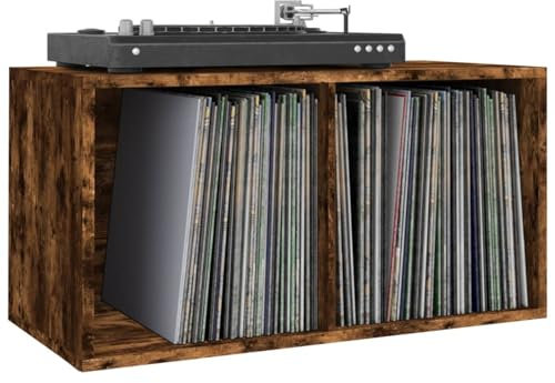 Homgoday Caja de almacenamiento LP para discos de vinilo, estante organizador para almacenamiento de documentos, armario de salón, muebles de sala de estar, caja de transporte, roble ahumado, 71 x 34