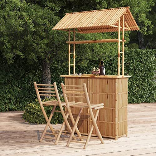 ShCuShan Meubles de Bar de Jardin,Bar d'angle de jardin cour extérieure,Ensemble de bar 3 pièces en bambou