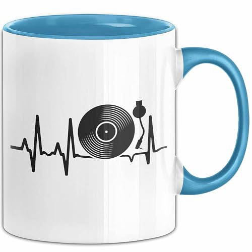 Vinyl Herzschlag Tasse Geschenk Platten-Spieler Liebhaber Vintage Retro Musik DJ Geschenk (Blau)