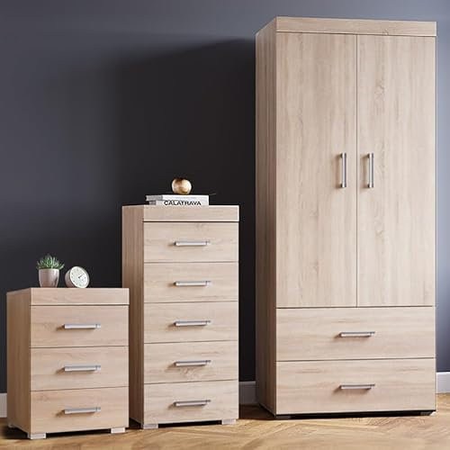 DRP Trading Sonoma Oak 3 Piece Bedroom Furniture Set, 3 Drawer Chest, 5 Drawer Chest, 2 Door Wardrobe, Complete Bedroom Ensemble, Ideal for Bedroom Organisation, Room Storage, Elegant Decor