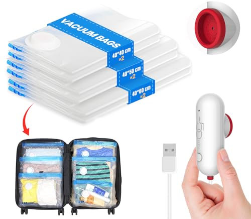 Vakuumbeutel für Kleidung mit USB Elektropumpe, 6 Stück Kleidersack (2x 40 * 40cm / 2x 40 * 50cm / 2x 40 * 60cm) Wiederverwendbar Vakuumierbeutel reise, Kleiderbeutel Rucksack, Travel Essentials