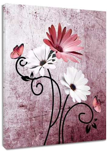 LB Wandbilder Rosa und weiße Blume Poster Vintage Geometrisch Wanddruck Abstraktes Gänseblümchen Leinwand Bilder für Wohnzimmer Schlafzimmer Badezimmer Wand Deko,30x40cm Ungerahmt