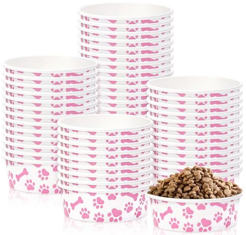 Whaline Lot de 50 gamelles jetables en papier rose et blanc pour petit chien, 473,6 g, 2 tasses, bols de service pour nourriture sèche et humide pour chiot, chat, voyage