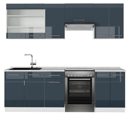 Vicco Küchenzeile Fame-Line, Dunkelblau Hochglanz/Weiß, 240 cm, AP Marmor
