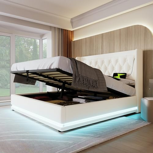 Kayan Polsterbett Stauraumbett Hydraulisches Bettgestell Doppelbett 180x200cm, Bett mit LED Beleuchtung, Gepolstertes Kopfteil mit USB Typ-C Ladefunktion, Ohne Matratze (Weiß, 180x200cm)