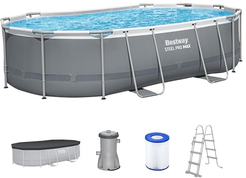Bestway Steel Pro MAX Frame Pool Komplett-Set, 488 x 305 x 107 cm, 10.949 L, 3-lagiges TriTech-Material, Filterpumpe 3.028 l/h, Antihaftbeschichtung, Abdeckplane, Sicherheitsleiter, Reparaturflicken