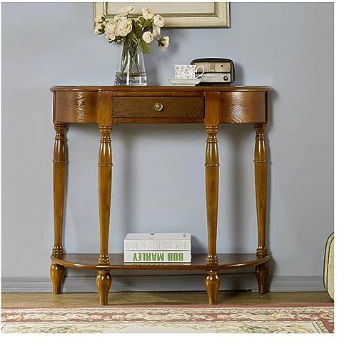 Konsolentisch aus Massivholz mit Schublade, halbrundes Lagerregal für den Eingangsbereich, eleganter Vintage-Sofatisch für das Wohnzimmer, Beistelltisch (Farbe: Helles Walnussholz, Größe: 80 x 30 x 80