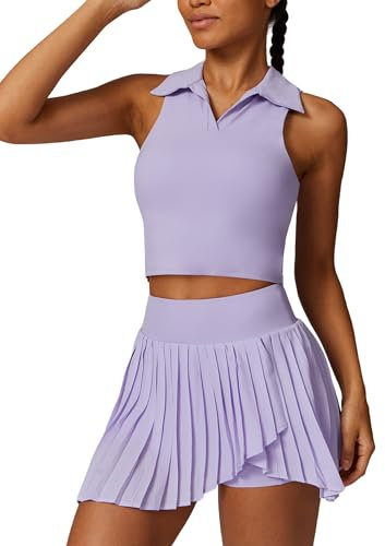 Tenniskleid Damen Golfkleid mit Hose drunter und Tasche Tank Top Tennisrock Plisseerock Sportanzug Trainingskleid Polokleid Für Baseball Tischtennis Joga Fitness Jogging Fahrrad Farhren violett M