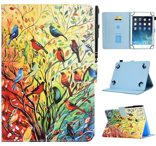 KEROM Universal 10.1 Zoll Tablet Hülle, Universal 10 Zoll Tablet Hülle, PU Leder Schutzhülle Universal Hülle für alle alle 9,5 Zoll bis 10,5 Zoll Android/iOS/Windows Tablets, Vogel und Baum