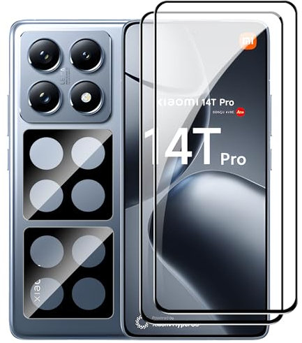 zZjoOoj Protector de pantalla de vidrio templado para Xiaomi 14T Pro – 2 unidades con 2 cristales protectores de cámara, HD, dureza 9H